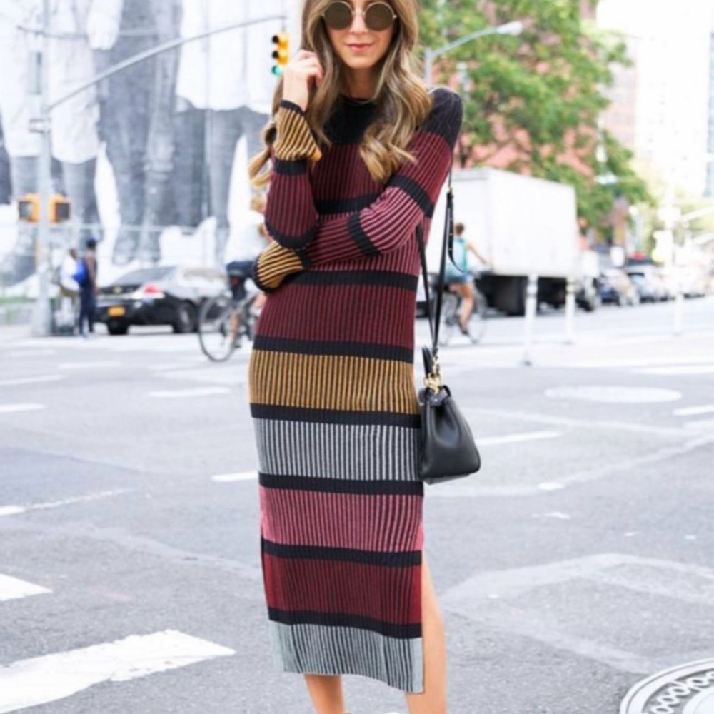 H&M Ribbed Striped Midi Dress in Burgundy, Mustard & Gray